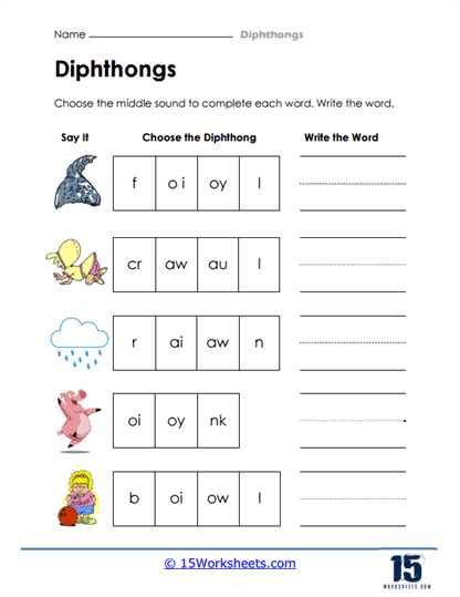 Practice Reading Vowel Diphthongs: AW worksheet for enhancing phonics skills Worksheet focusing on vowel diphthongs with the AW sound for first graders