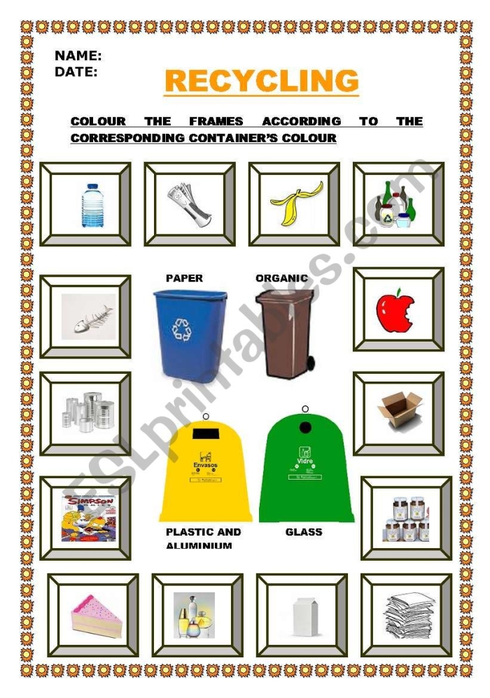 Colorful recycle worksheet for first graders to learn about recyclable objects and bins. Engaging activity for Earth Day celebration.