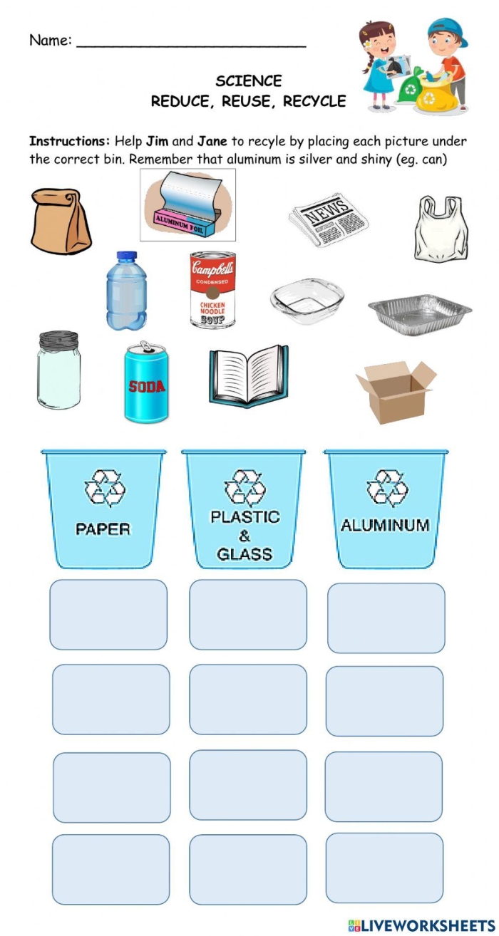 Colorful recycle worksheet for first graders featuring recyclable objects and matching bins