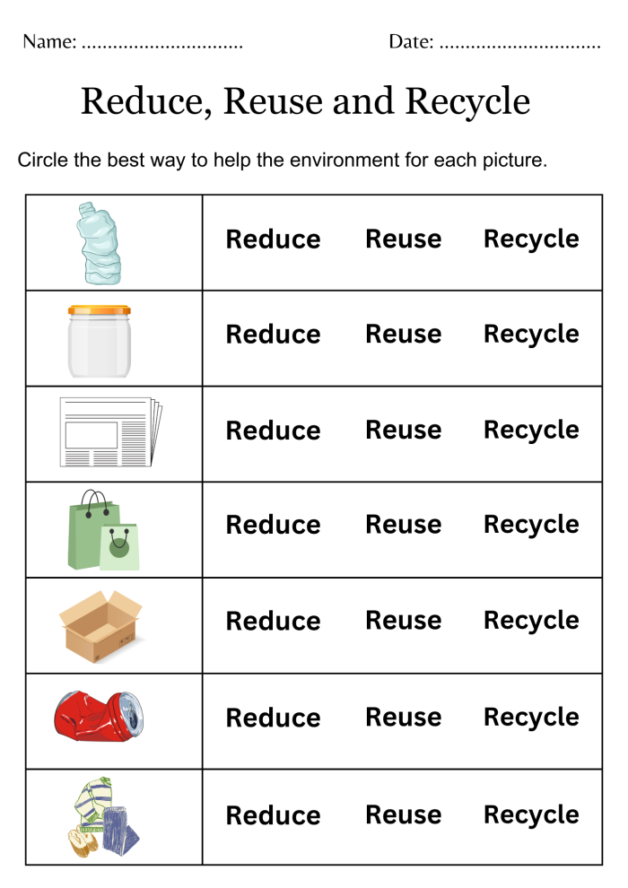 Colorful recycle worksheet for first graders featuring recyclable objects and matching bins
