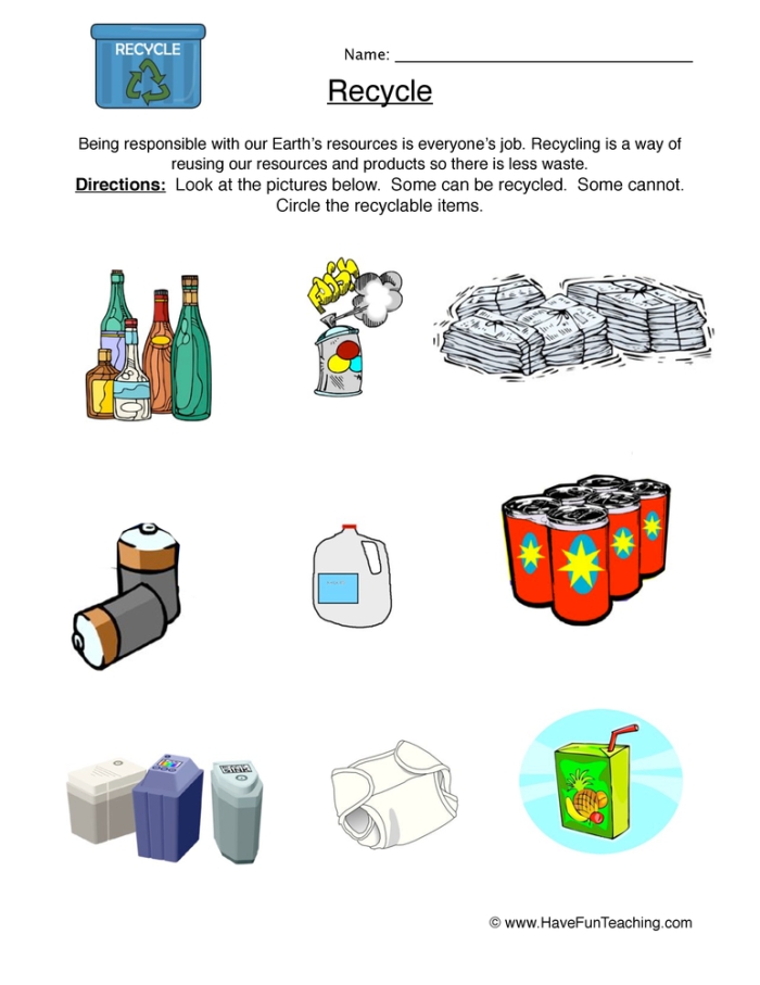 Children's coloring activity featuring recyclable objects and matching bins