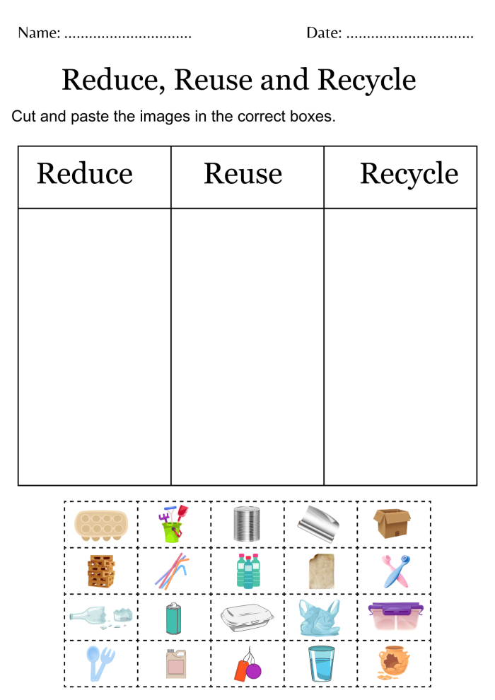Colorful recycle worksheet for first graders featuring recyclable objects and matching bins