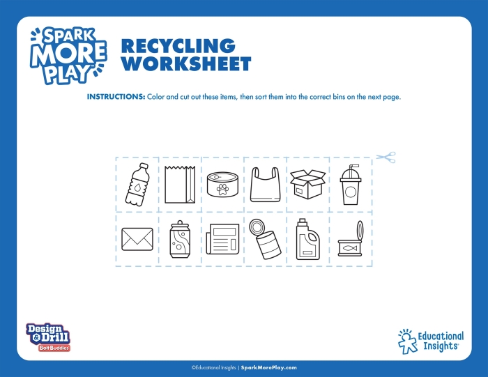 Kids engaging with the recycle worksheet by coloring and matching recyclable items to bins