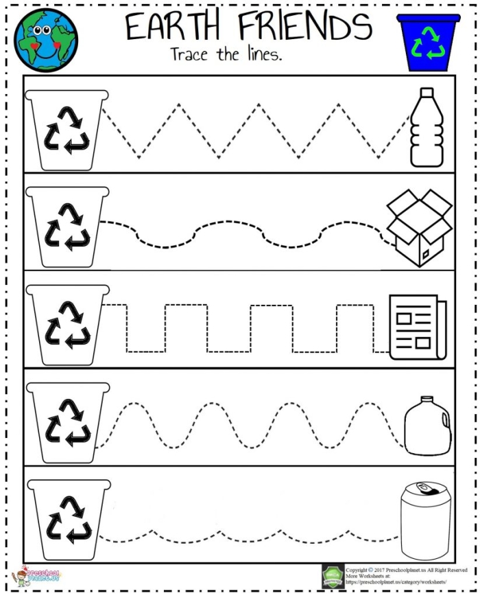 Children's recycle worksheet featuring various recyclable items for coloring and matching to bins