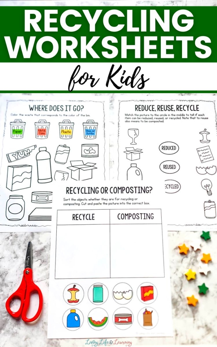Colorful recycle worksheet for first graders featuring recyclable objects and matching bins