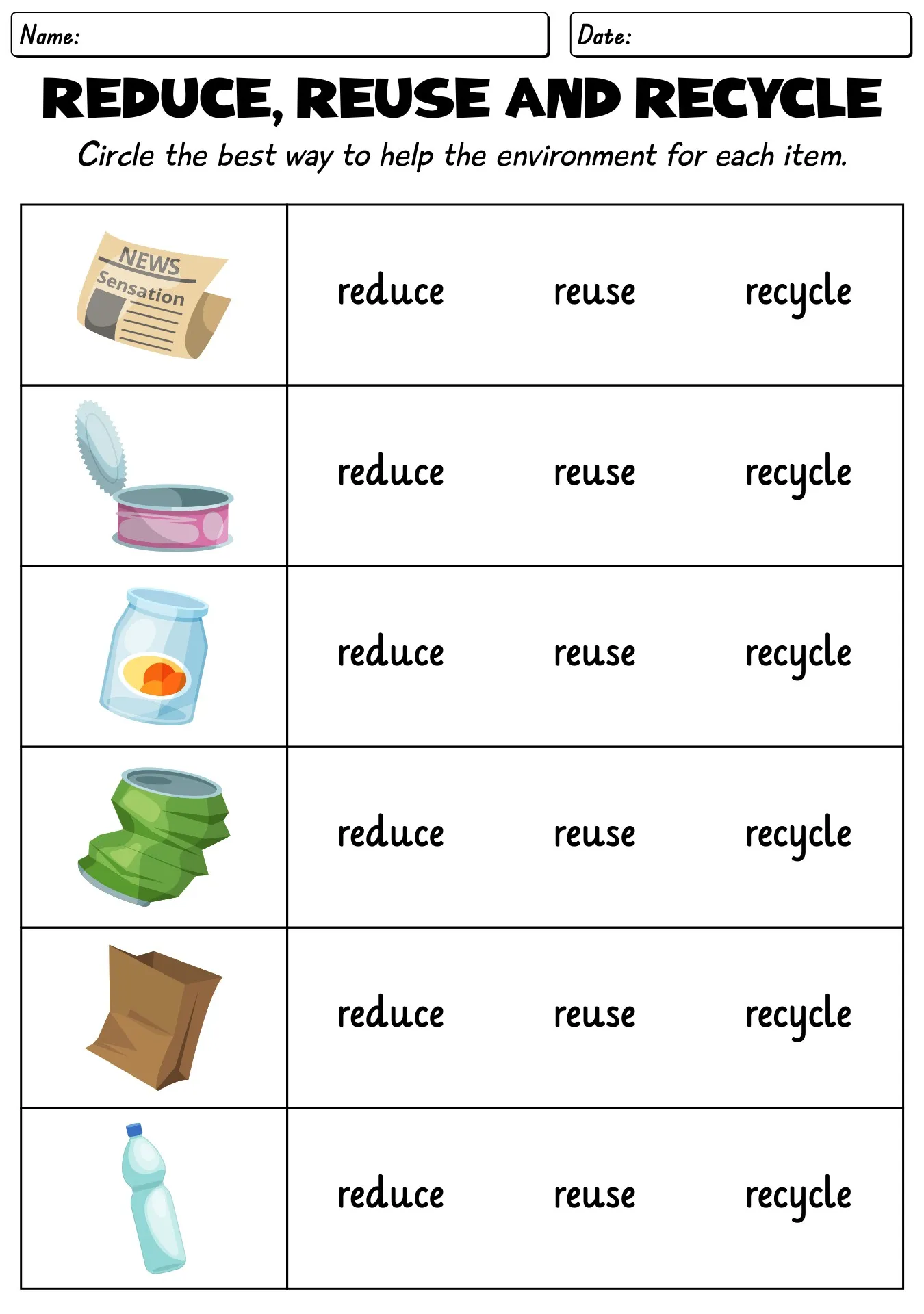 Colorful recycle worksheet for first graders featuring recyclable objects and matching bins