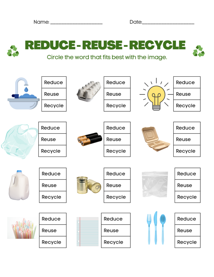First grade recycle worksheet for kids to color and match recyclable items to bins
