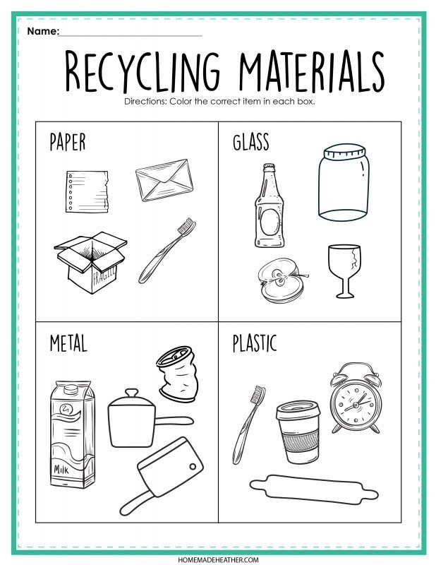 Colorful recycle worksheet for first graders featuring recyclable objects and matching bins