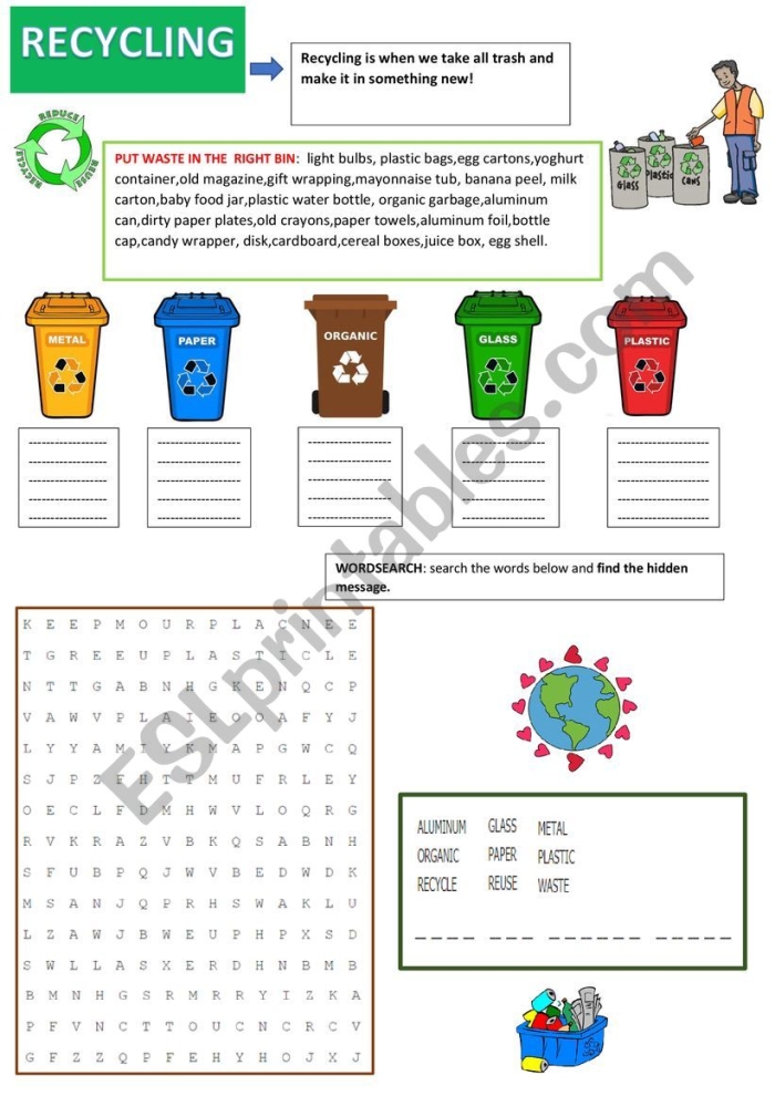 Recycling worksheet for first graders featuring colorful recyclable objects and matching bins