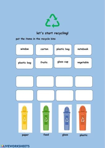 Kids engaging with a recycle worksheet by coloring and matching recyclable items to bins