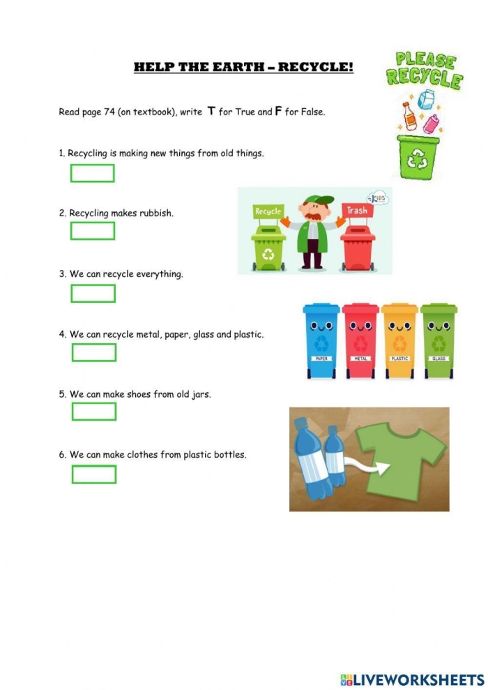 Colorful recycle worksheet for first graders featuring recyclable objects and matching bins