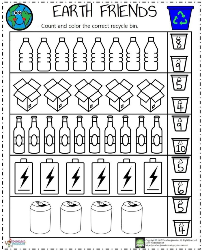 Colorful recycle worksheet for first graders featuring recyclable objects and matching bins