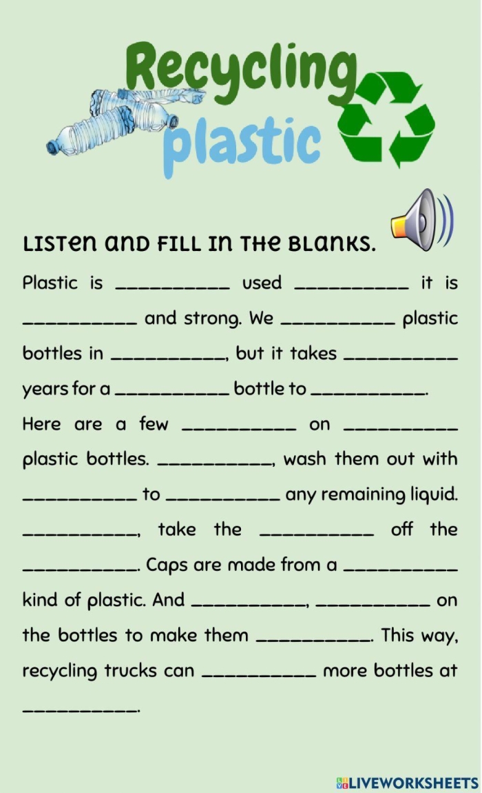 Colorful recycle worksheet for first graders featuring recyclable objects and matching bins