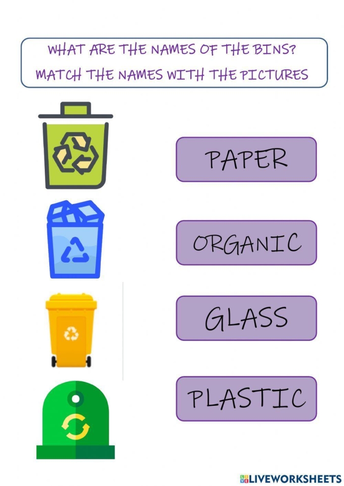 Colorful recycle worksheet for first graders featuring recyclable objects and matching bins