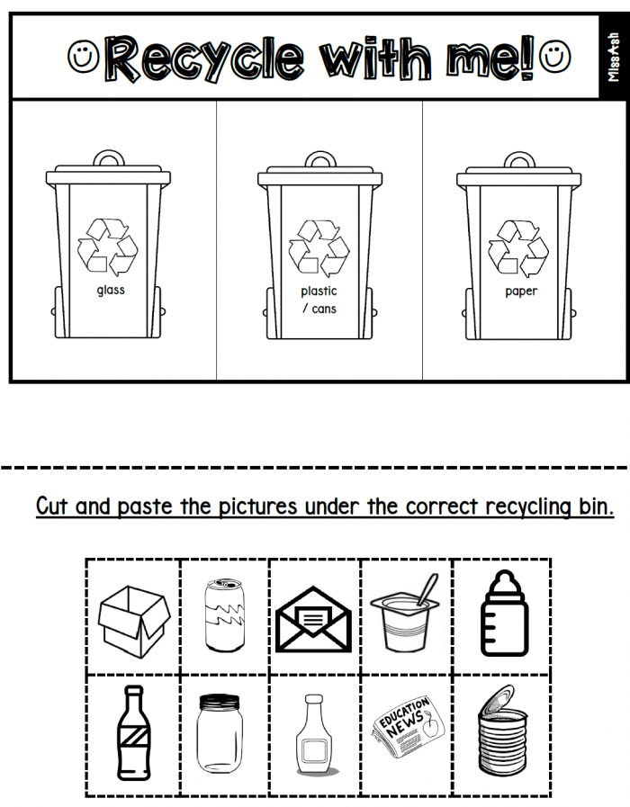 Colorful recycle worksheet for first graders featuring recyclable items and matching bins