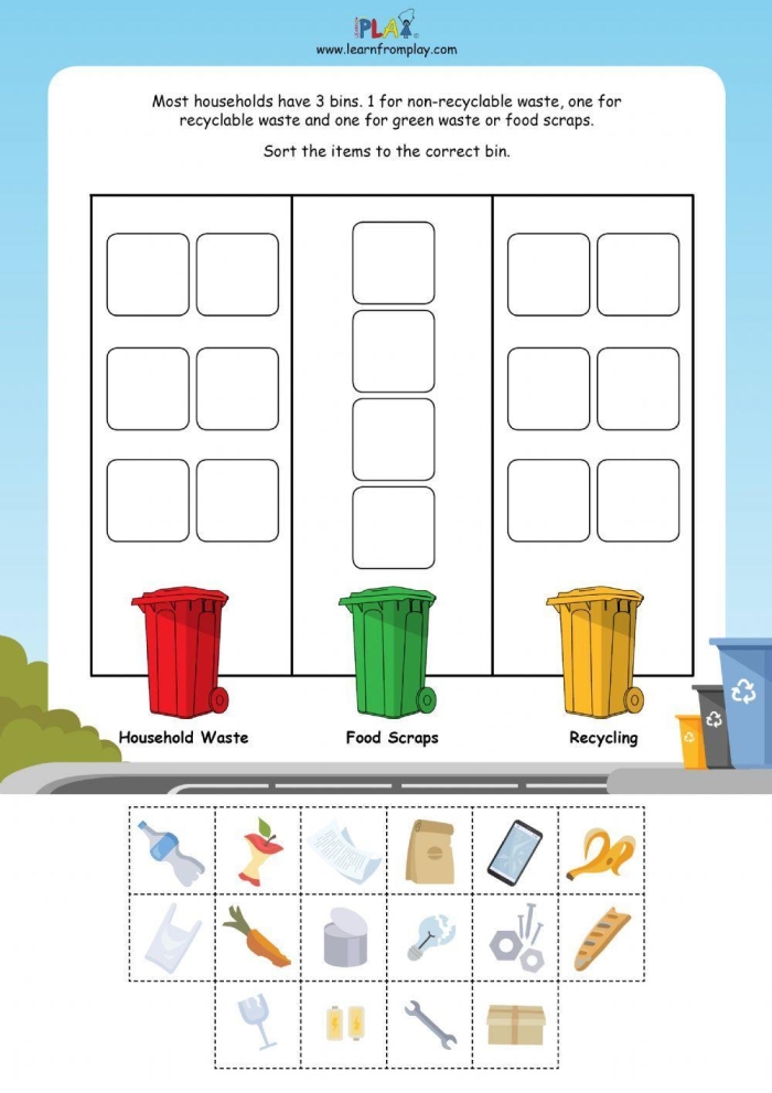 Colorful recycle worksheet for first graders featuring recyclable objects and matching bins