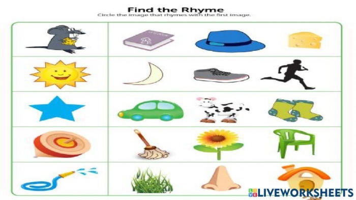 Colorful worksheet for first graders to practice finding rhymes