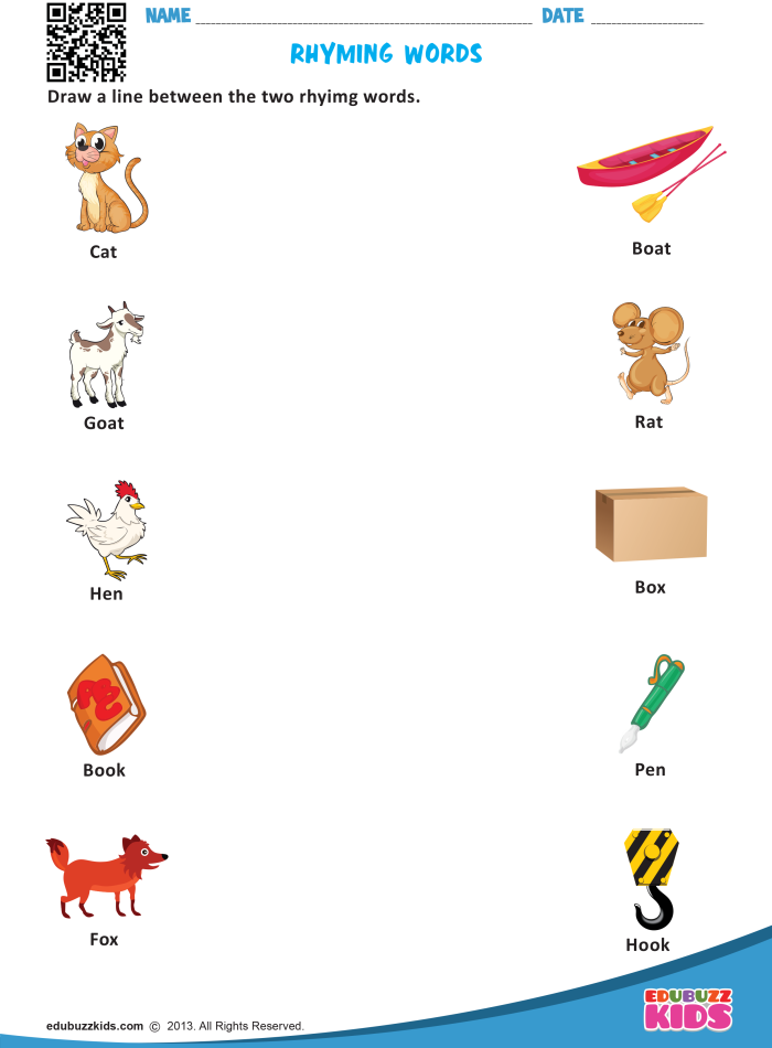 Rhyming Words For Kids Worksheet Page 2 First grade student completing a rhyming words matching worksheet to improve reading skills