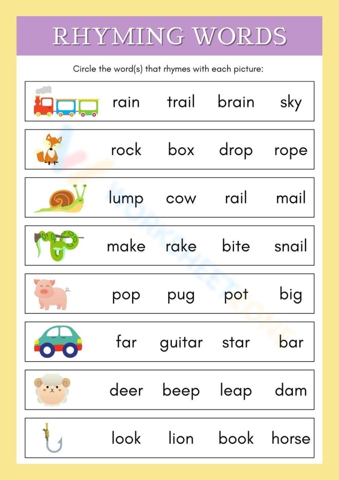 Rhyming Words For Kids Worksheet 22 Reading Exercise First grade rhyming words worksheet for children to practice matching pictures and vocabulary