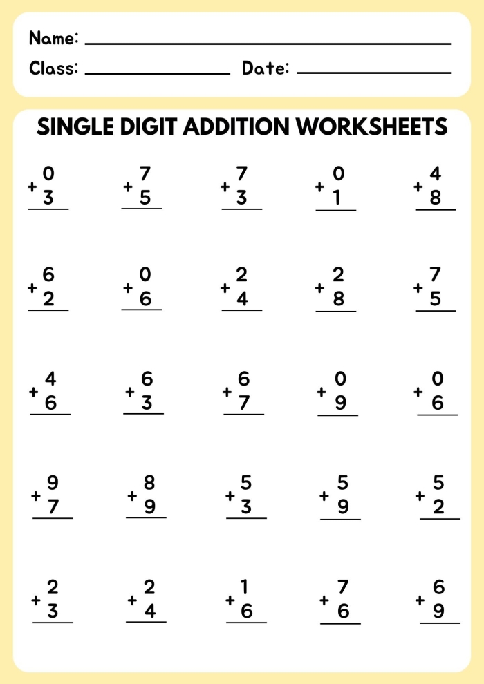 First grade student worksheet featuring rhythmic themed single-digit addition problems with sums up to 9