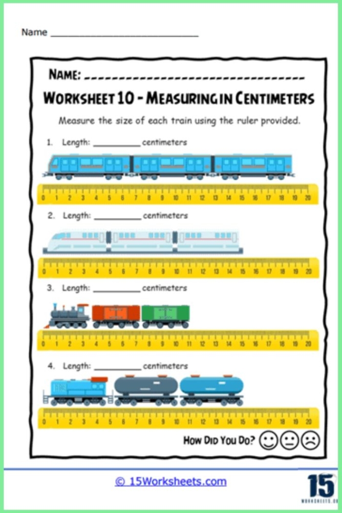 First grade student using a mini ruler to measure a pencil in centimeters on a worksheet