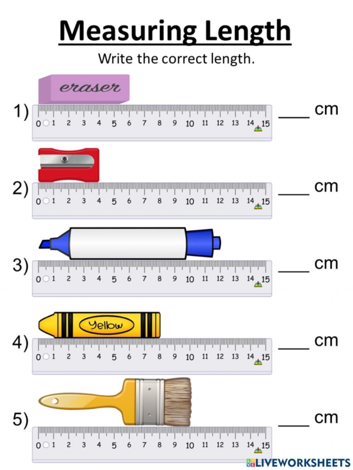 Colorful worksheet for first graders measuring lengths with a ruler