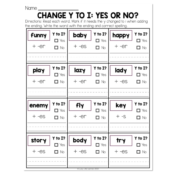 First grade worksheet showing how to choose between S and ES plural endings for various words