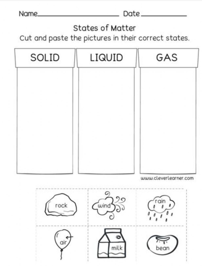 First grade science worksheet about identifying and writing examples of solids liquids and gases