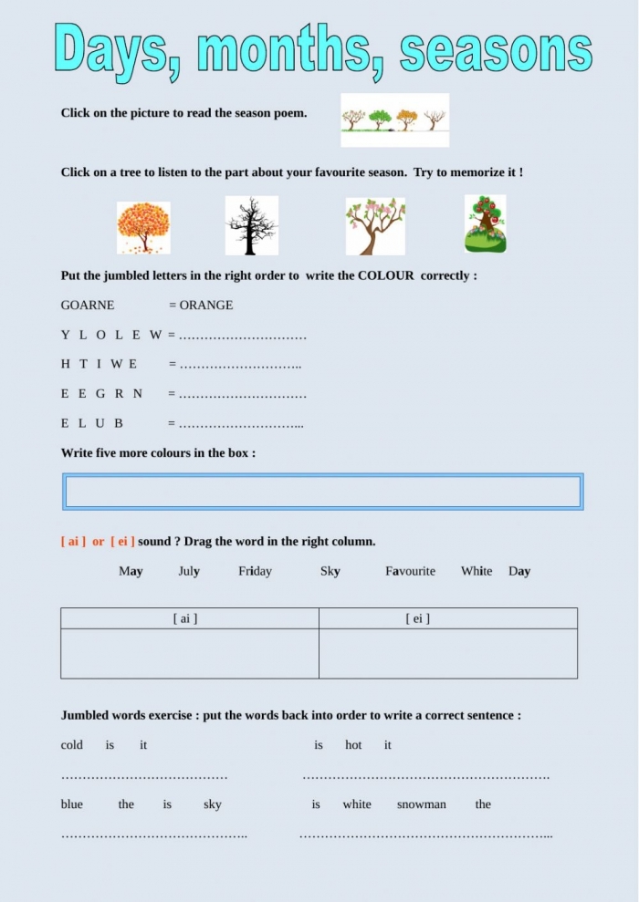 First grade days months and seasons assessment worksheet with calendar and seasonal activity questions for students