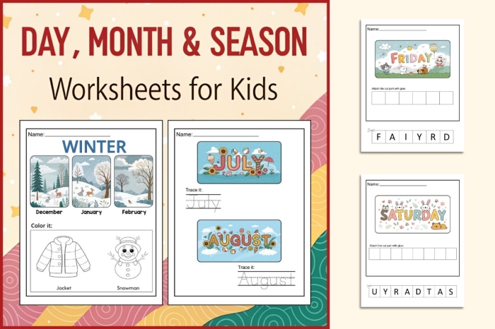 First grade assessment worksheet featuring exercises on days of the week, months of the year, and seasonal changes