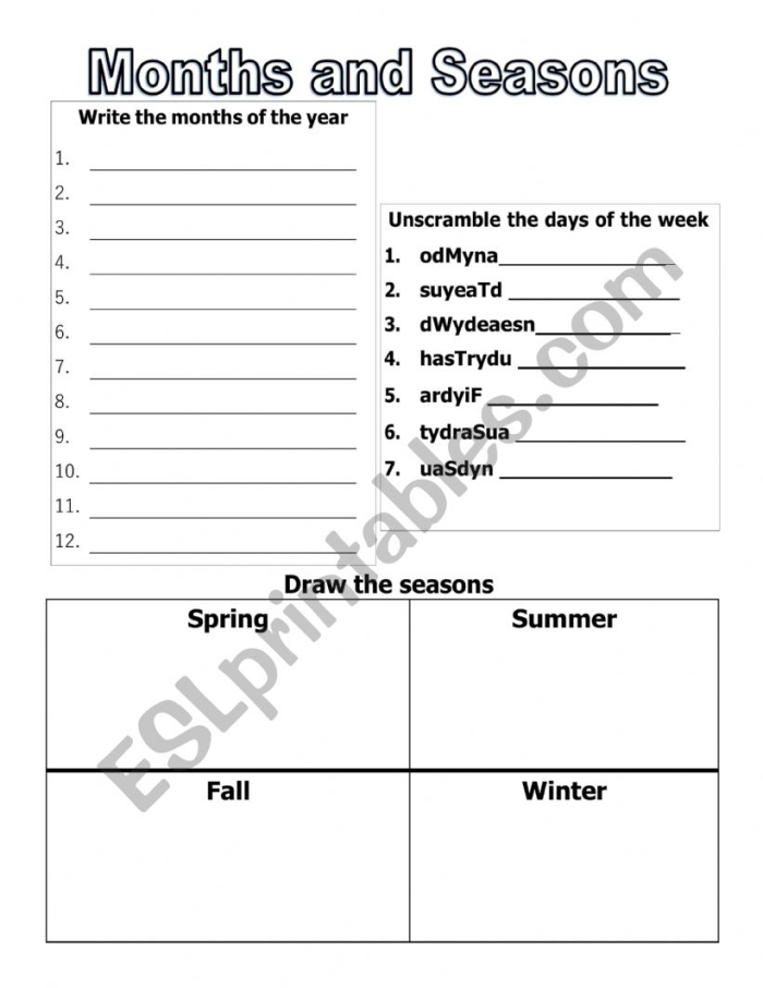 First grade days months and seasons assessment worksheet with calendar and seasonal activities for evaluation