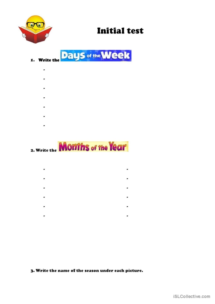 First grade student completing a Days, Months, and Seasons Assessment worksheet