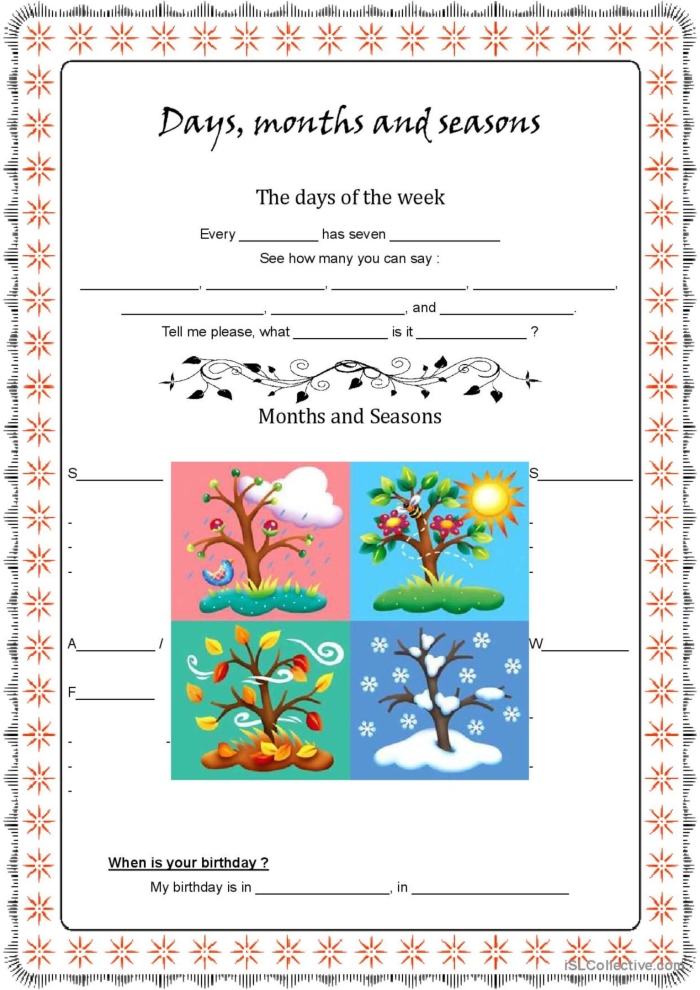 First grade assessment worksheet showing days of the week, months, and seasons learning activities with fill-in-the-blank exercises