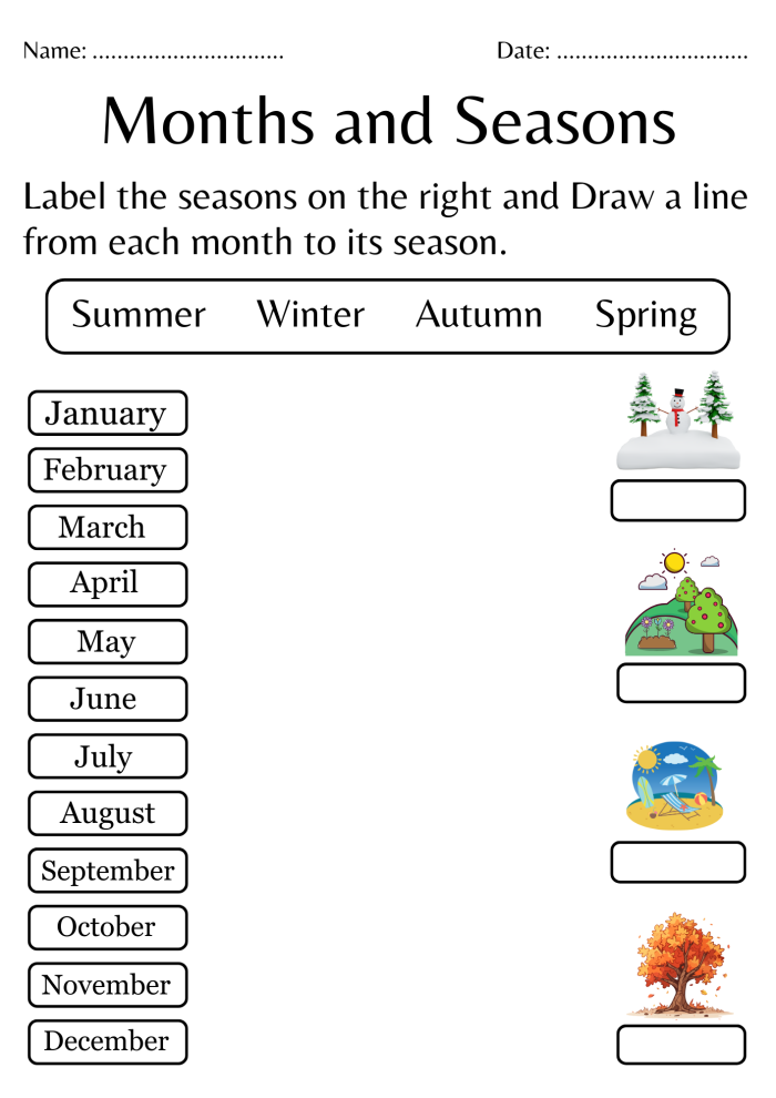First grade worksheet for students to identify days of the week, months of the year, and seasonal patterns