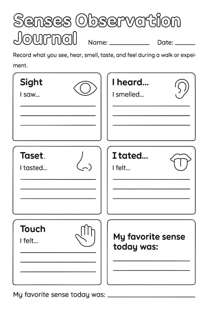 Engaging worksheet to help students explore their five senses through fun descriptions Five Senses Observation worksheet with sensory words and a riddle activity for first graders