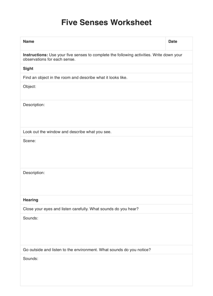 Reading worksheet for First Grade Five Senses Observation worksheet designed for first graders to create sensory riddles. Engaging worksheet that encourages students to use descriptive words from a word bank.