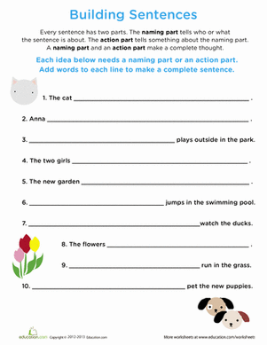 Beginning Grammar Building Sentences Worksheet 19 First grade student worksheet for practicing sentence building by filling in subjects and predicates