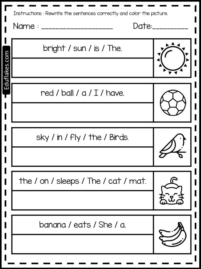 Grammar and Mechanics worksheet for First Grade Beginning Grammar: Building Sentences worksheet for First Grade