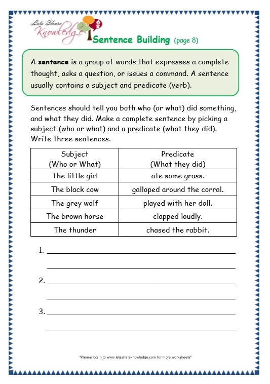 Beginning Grammar: Building Sentences Practice Activity 25 First grade students practice completing sentences by adding subjects or predicates to build their grammar skills