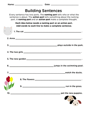 Beginning Grammar Building Sentences Worksheet for Grade One First grade worksheet for students to practice building sentences by filling in missing subjects and predicates