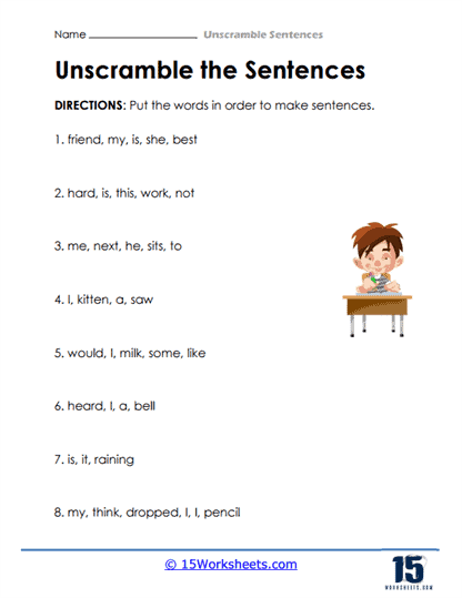 Beginning Grammar: Building Sentences Practice Activity 15 First grade grammar worksheet showing sentence completion exercises with subjects and predicates for building sentence skills