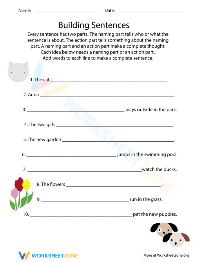 Building Sentences Practice Activity for Beginning Grammar Skills First grade grammar worksheet showing sentence building exercises where students complete sentences by adding subjects or predicates to practice basic sentence structure
