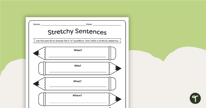 Colorful Stretching Sentences worksheet featuring prompts for first graders to enhance their writing. Engaging image illustrating fun activities to help students expand their sentences.