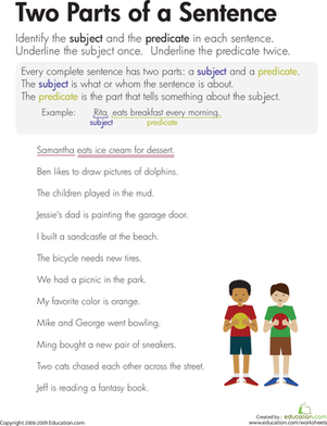 First grade student practicing subject and predicate identification on a parts of a sentence grammar worksheet