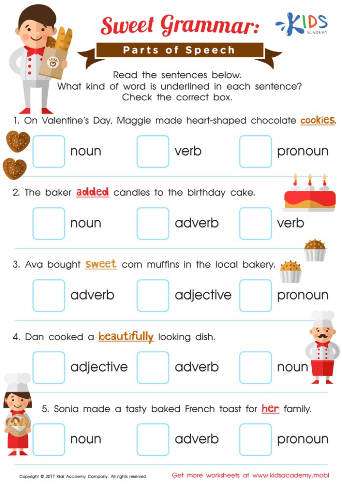 Beginning Grammar worksheet focusing on the parts of a sentence for first graders