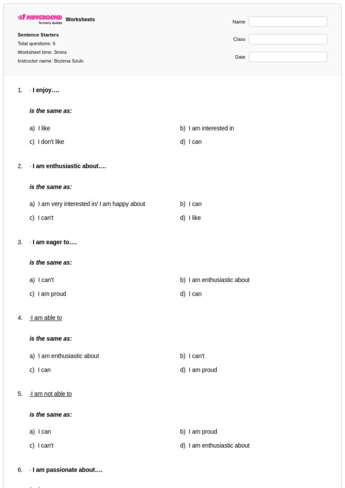 Simple Sentence Starters Activity for Young Writers Grade 1 First grade student writing practice with colorful sentence starter prompts and fill-in-the-blank lines for creative writing exercises