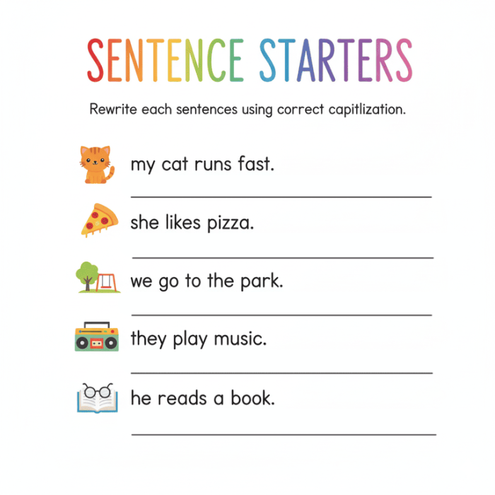 Sentence Starters Worksheet for Beginning First Grade Writers Four First grade worksheet featuring simple sentence starters to help children practice writing skills