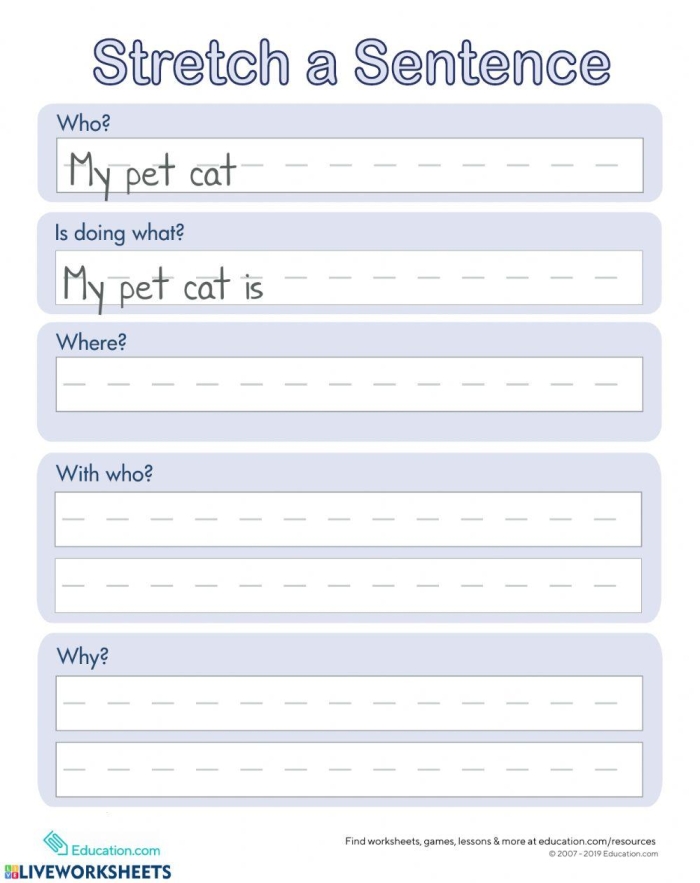 Stretching Sentences worksheet designed for first graders to enhance their writing skills with fun prompts. Engaging activities to practice adding details about who, what, when, and where in sentences.