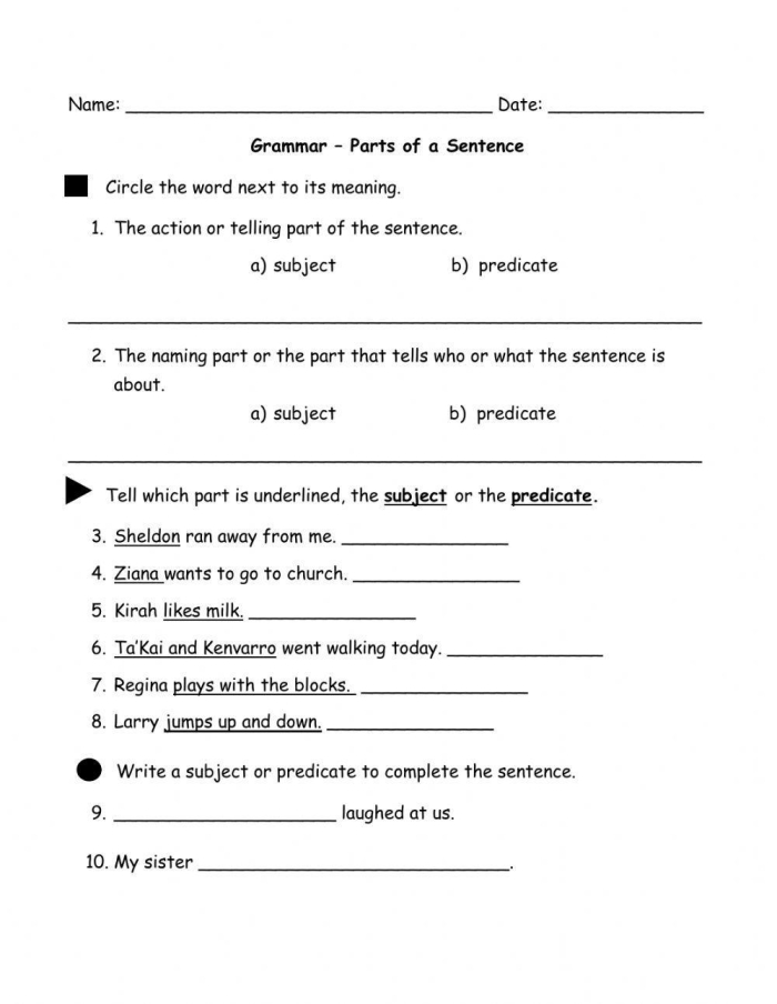 Beginning Grammar worksheet showing parts of a sentence for first graders