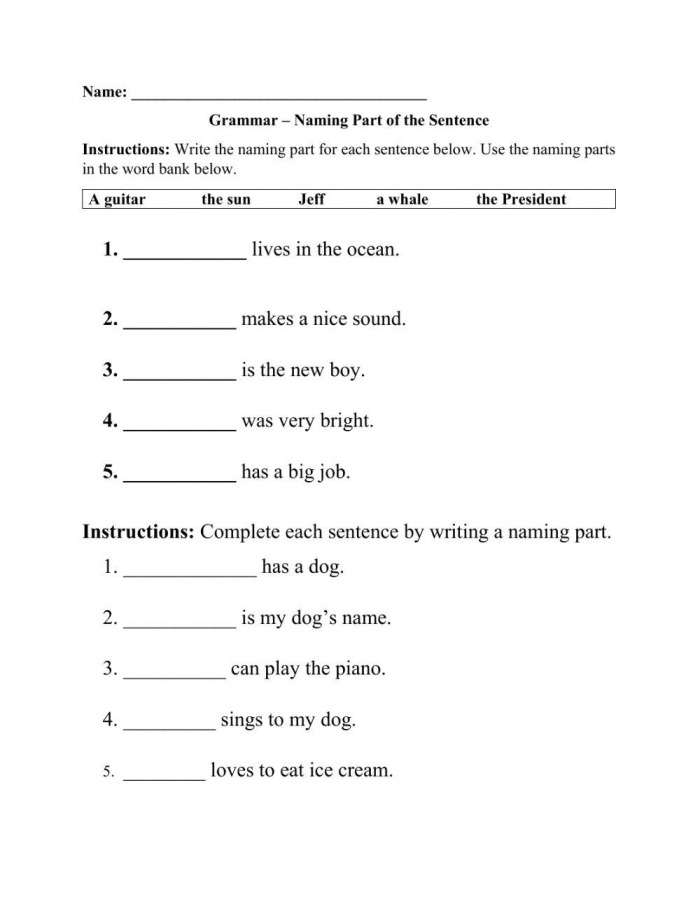First grade science themed worksheet for learning sentence structure parts